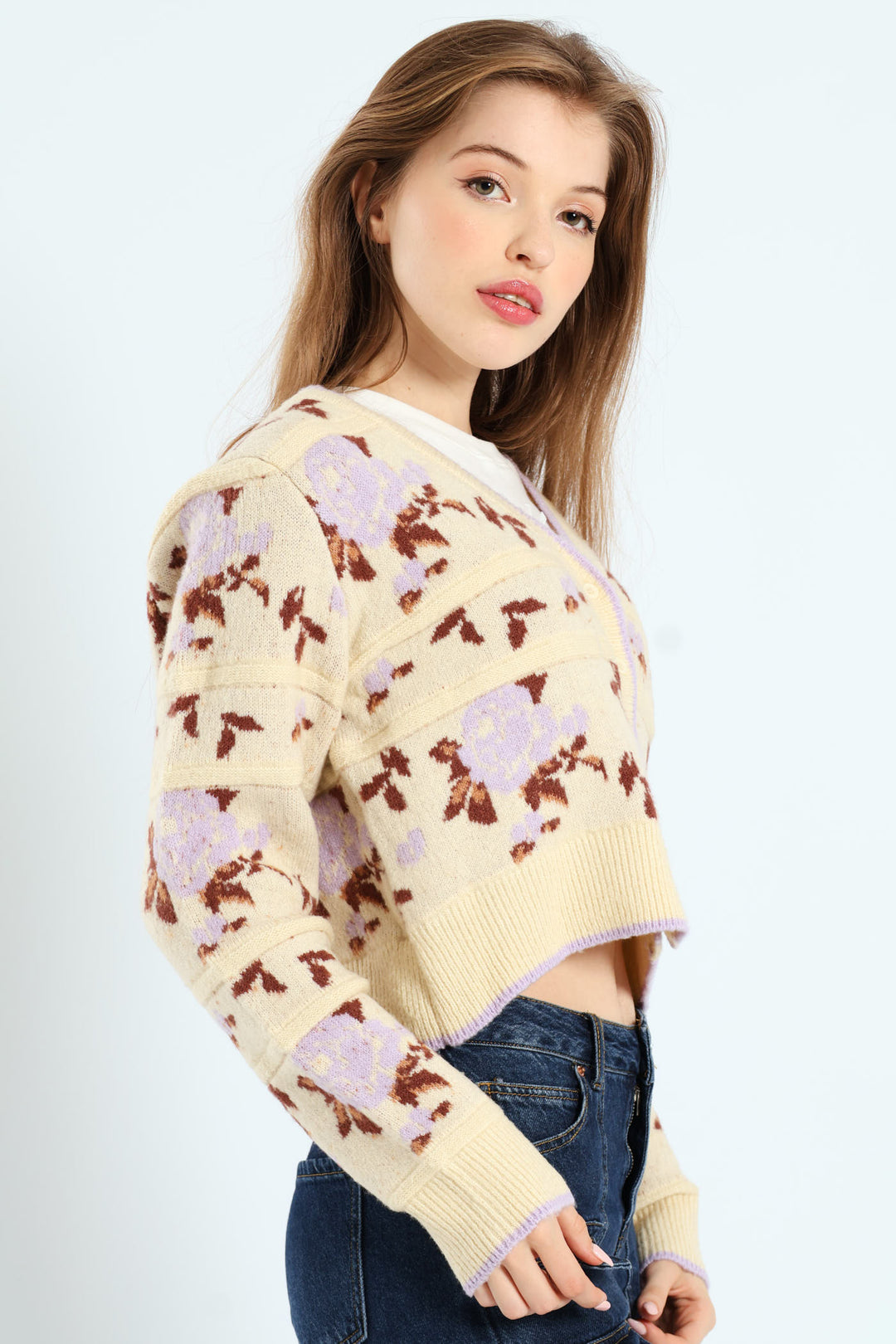 Floral Print Cardigan Sweater - Cream