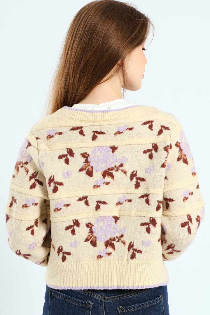 Floral Print Cardigan Sweater - Cream