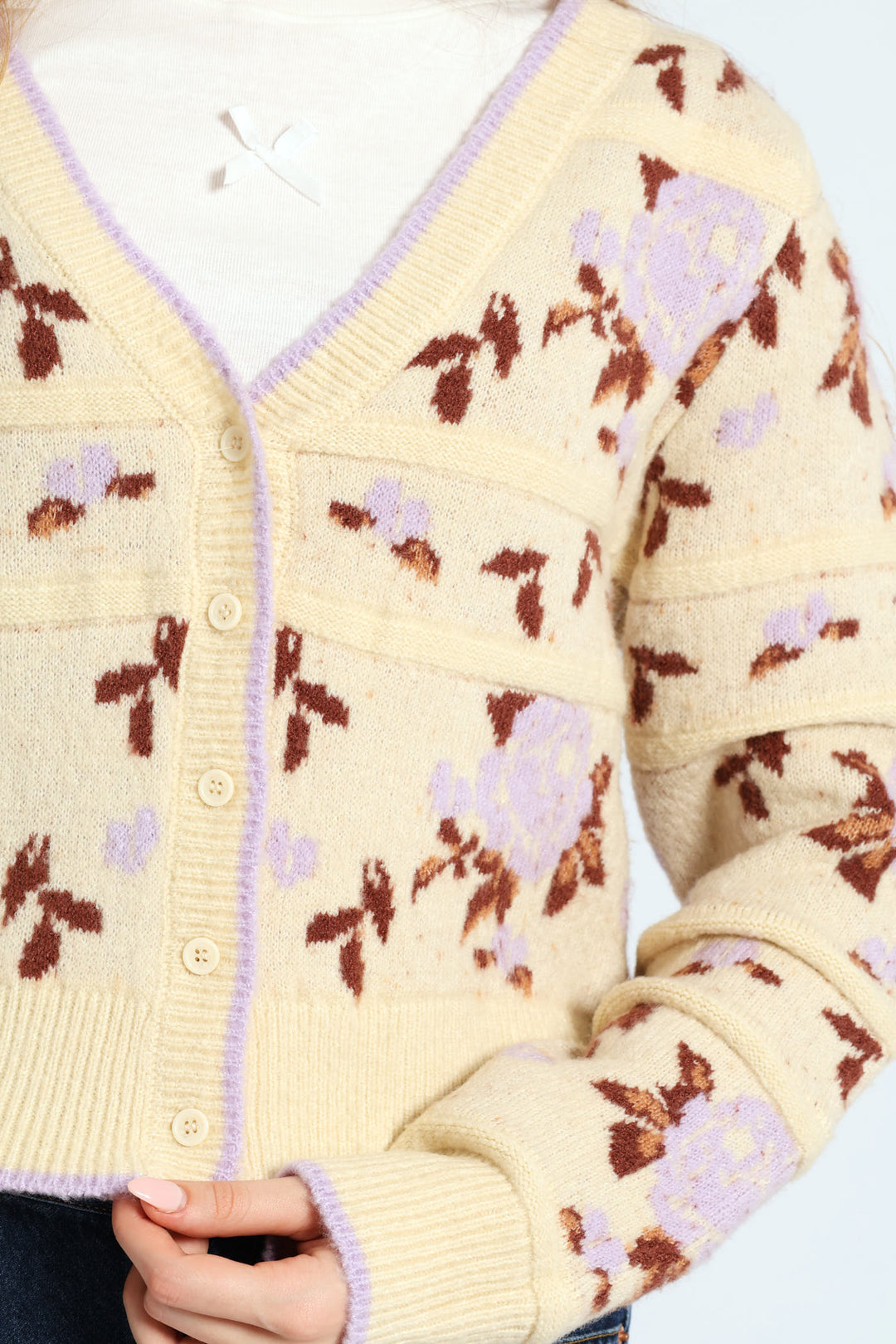 Floral Print Cardigan Sweater - Cream