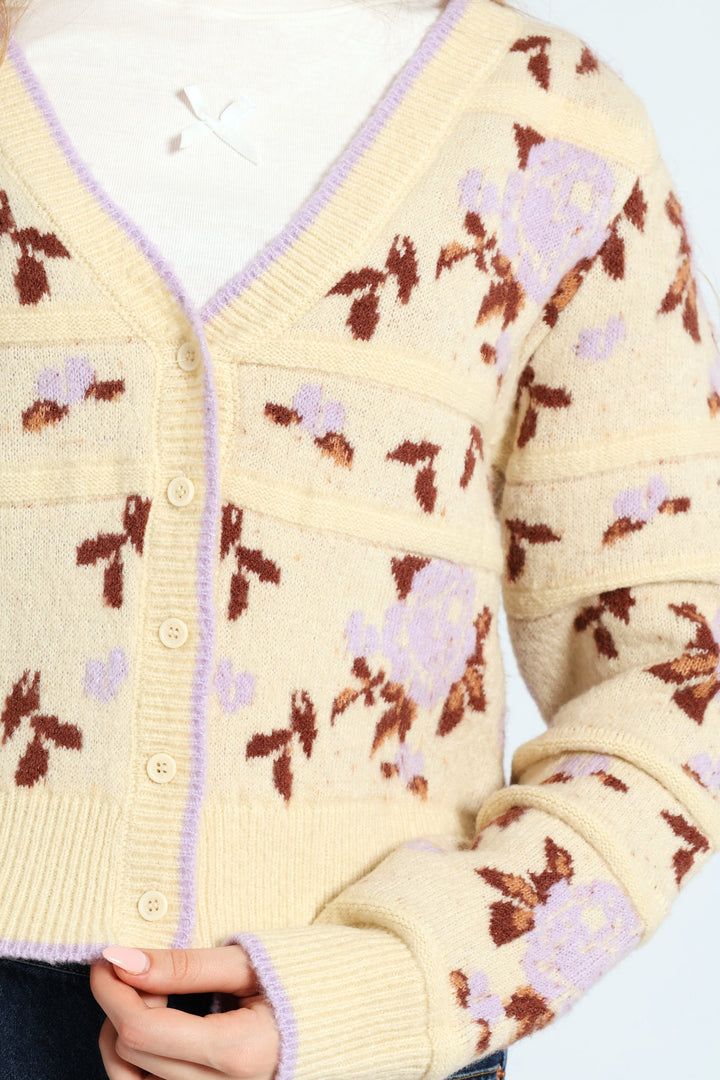 Floral Print Cardigan Sweater - Cream