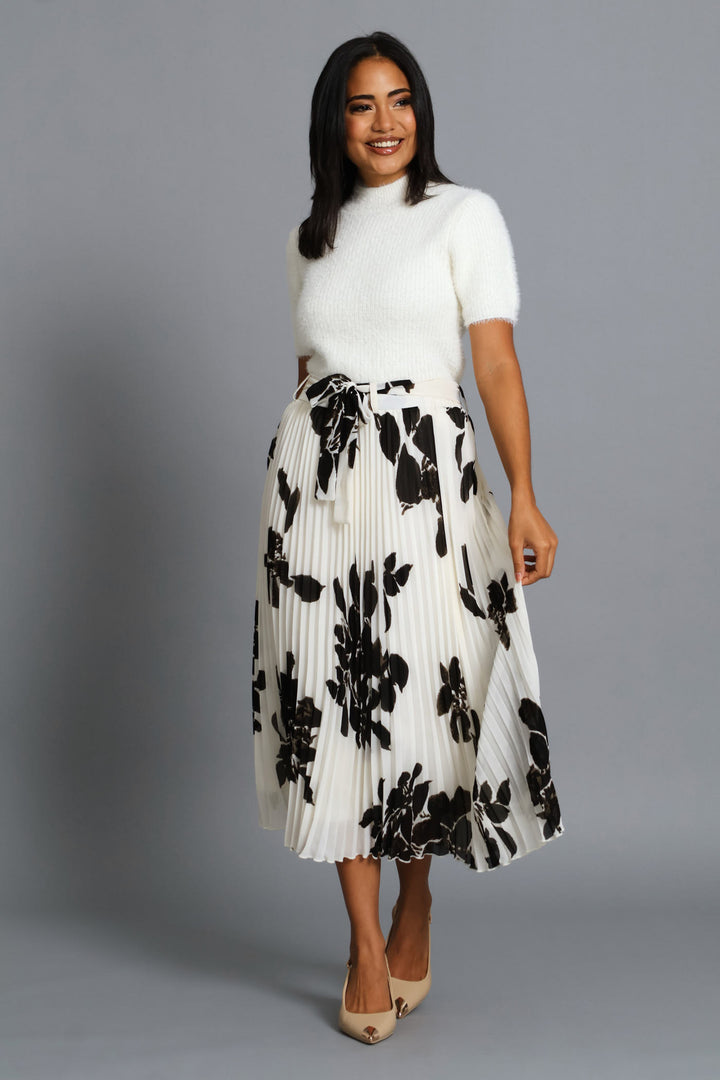 Monochrome Floral Chiffon Pleated Midi Skirt - Black/Cream