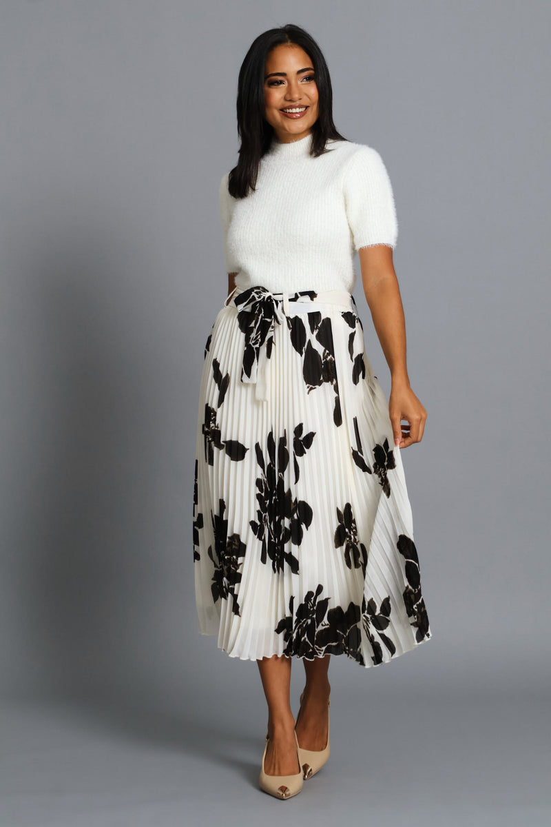 Monochrome Floral Chiffon Pleated Midi Skirt - Black/Cream