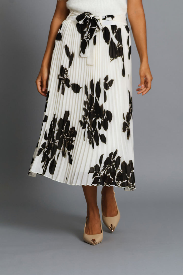 Monochrome Floral Chiffon Pleated Midi Skirt - Black/Cream
