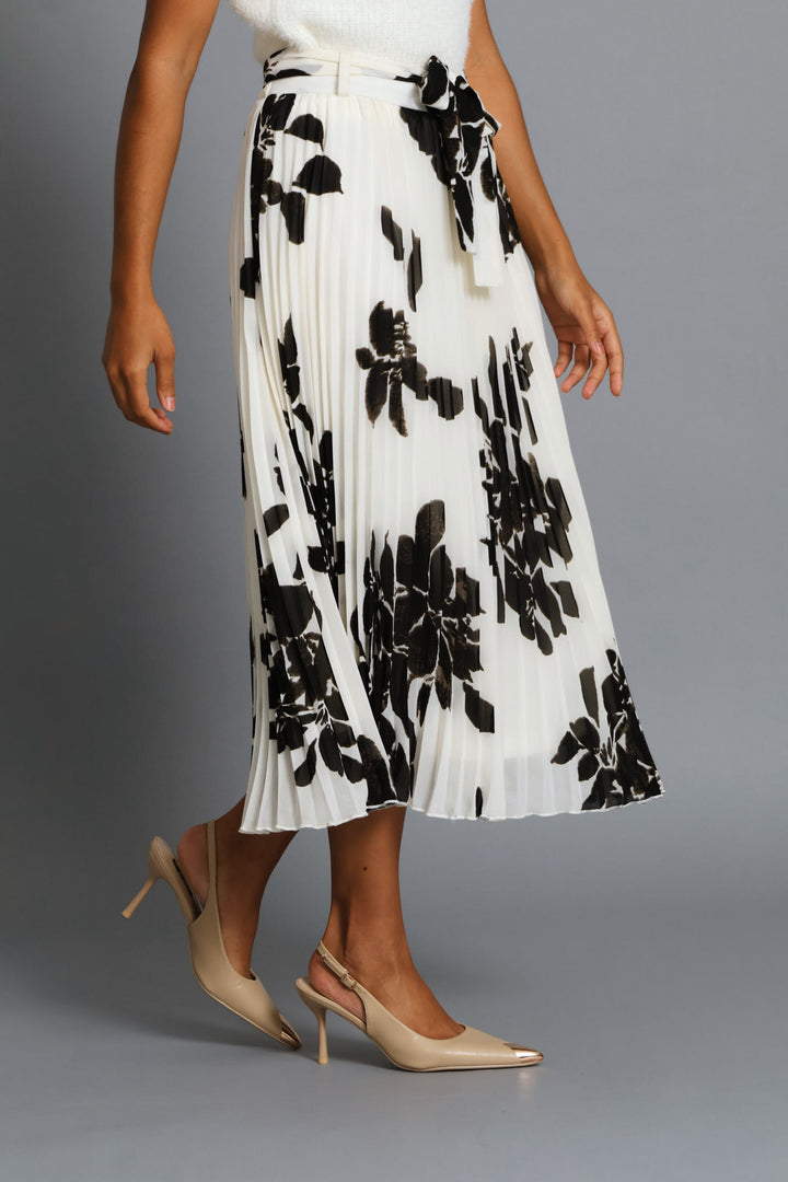 Monochrome Floral Chiffon Pleated Midi Skirt - Black/Cream