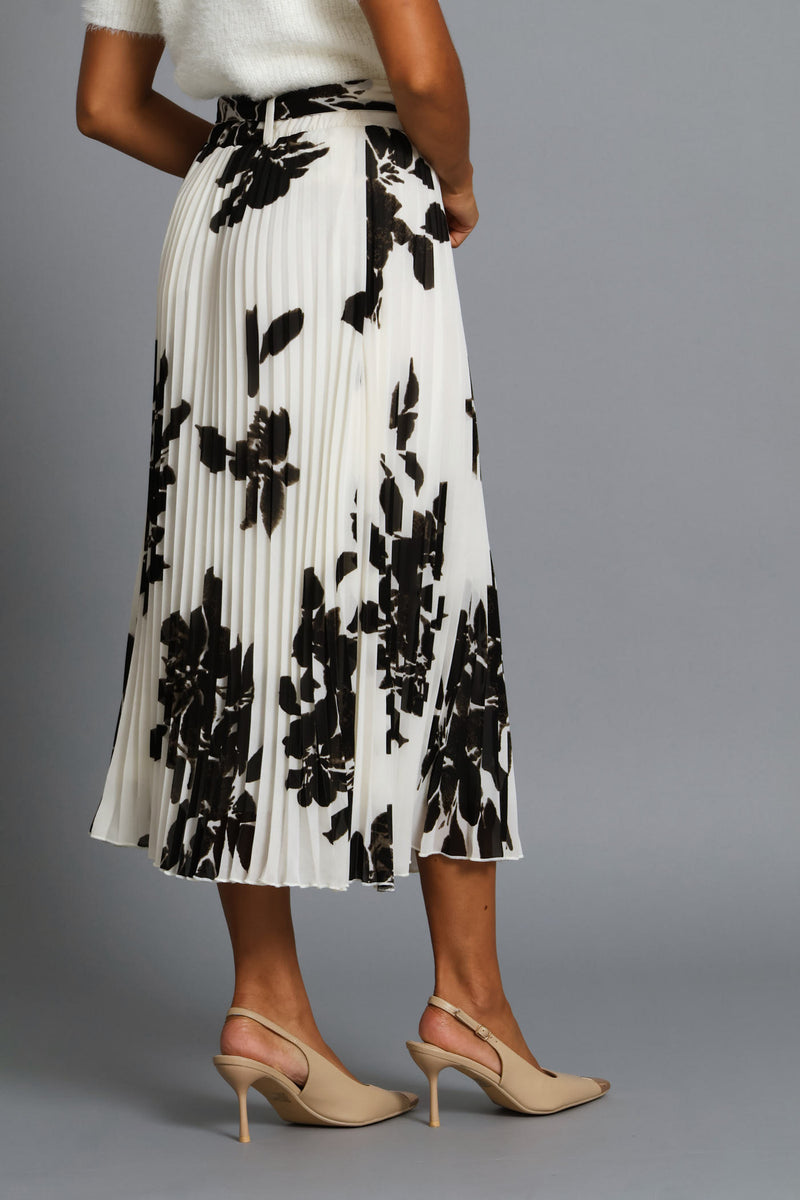 Monochrome Floral Chiffon Pleated Midi Skirt - Black/Cream