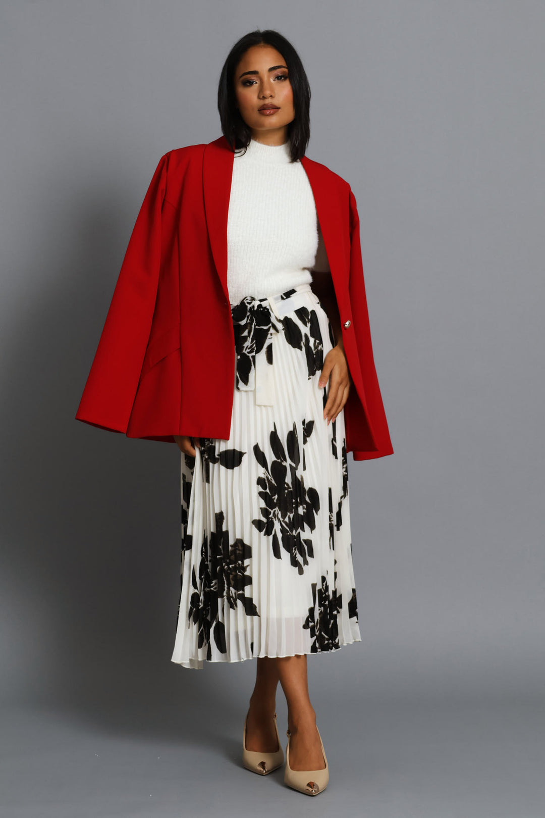 Monochrome Floral Chiffon Pleated Midi Skirt - Black/Cream