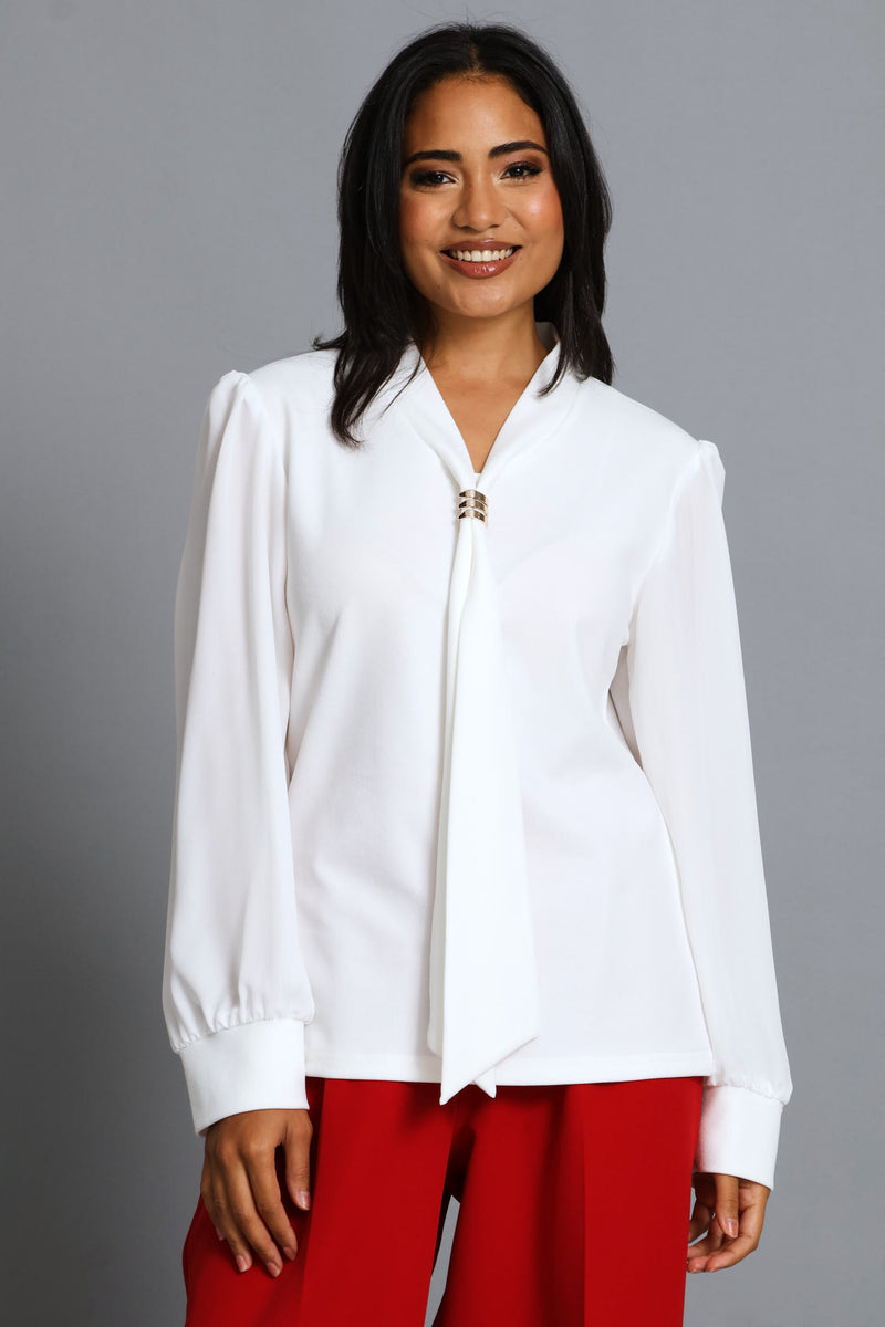 Kitty Bow Trim Combo Blouse - Cream
