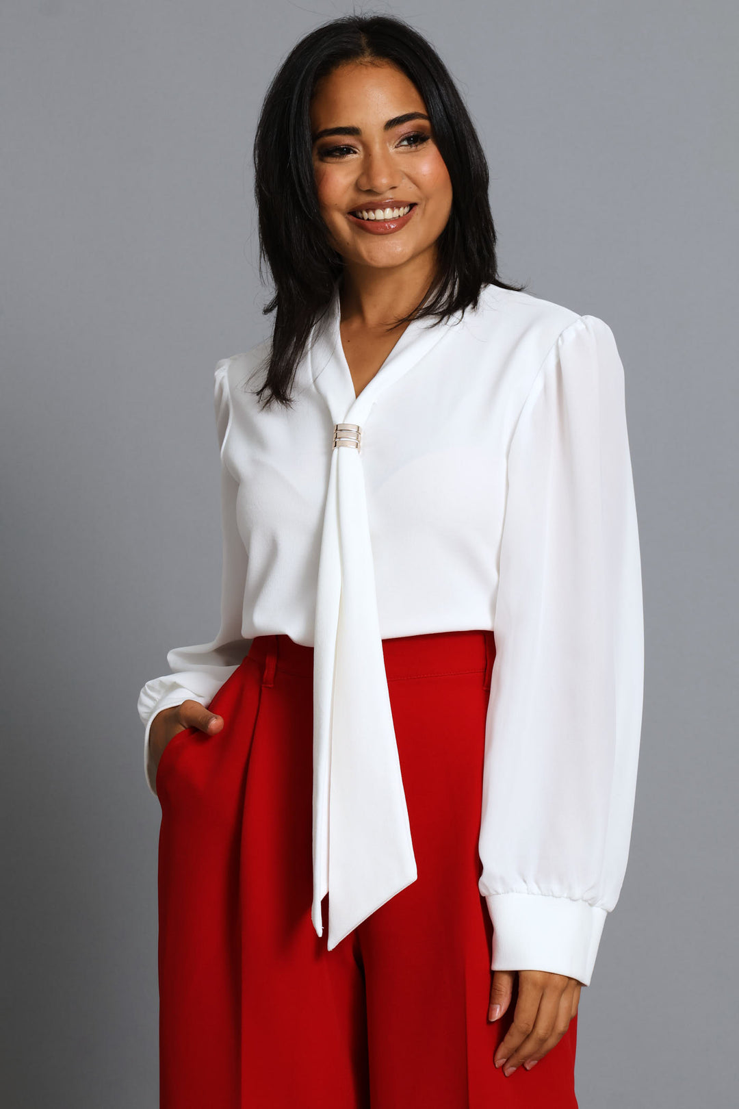 Kitty Bow Trim Combo Blouse - Cream