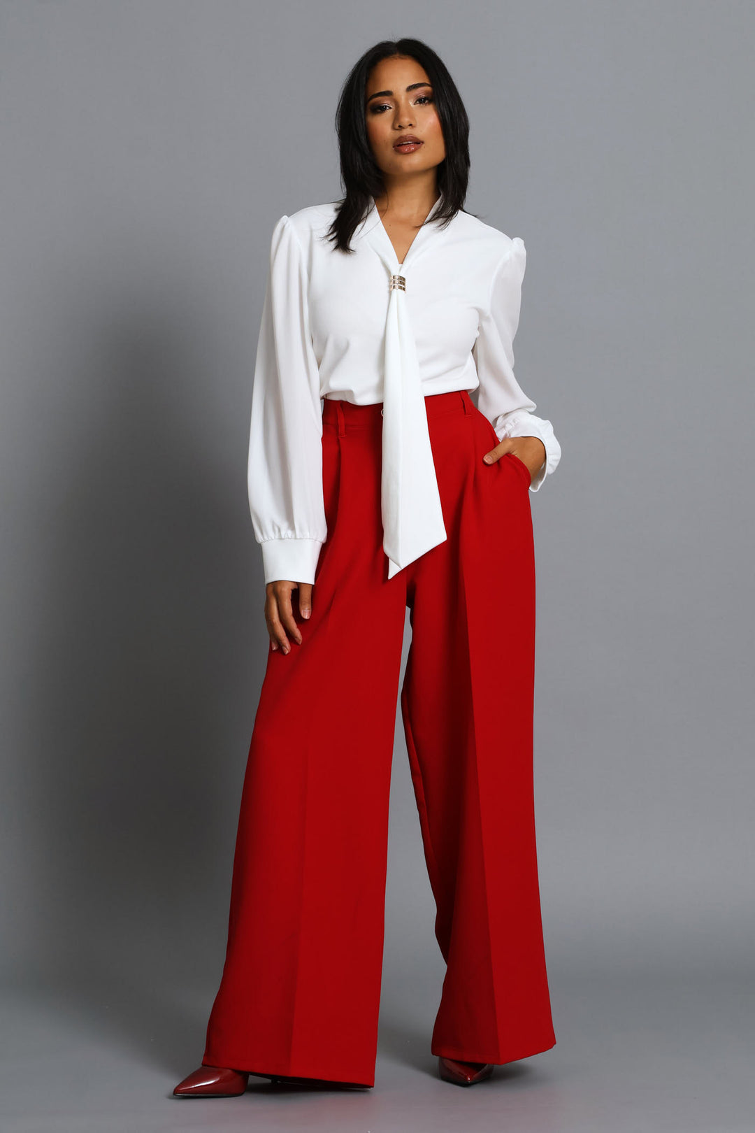 Kitty Bow Trim Combo Blouse - Cream