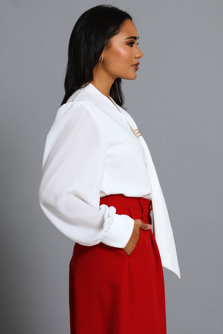 Kitty Bow Trim Combo Blouse - Cream