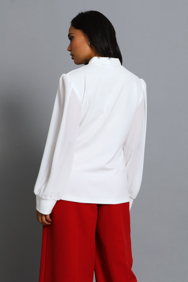 Kitty Bow Trim Combo Blouse - Cream