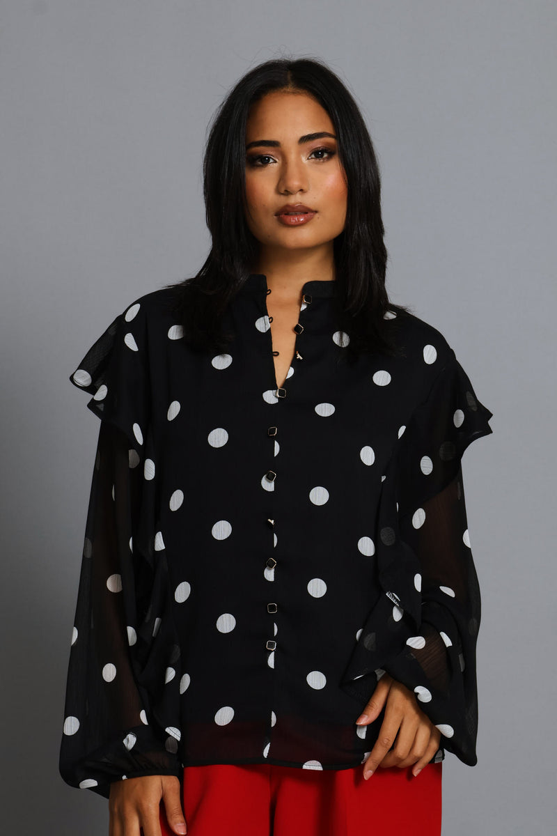 Ruffle Button Through Spot Blouse - Black/Cream