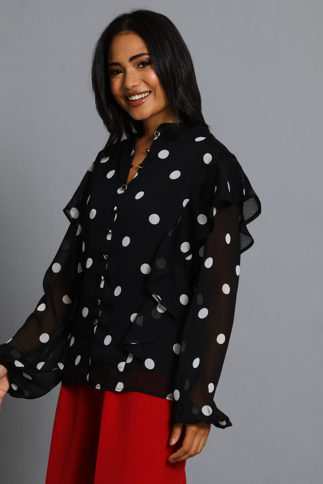 Ruffle Button Through Spot Blouse - Black/Cream
