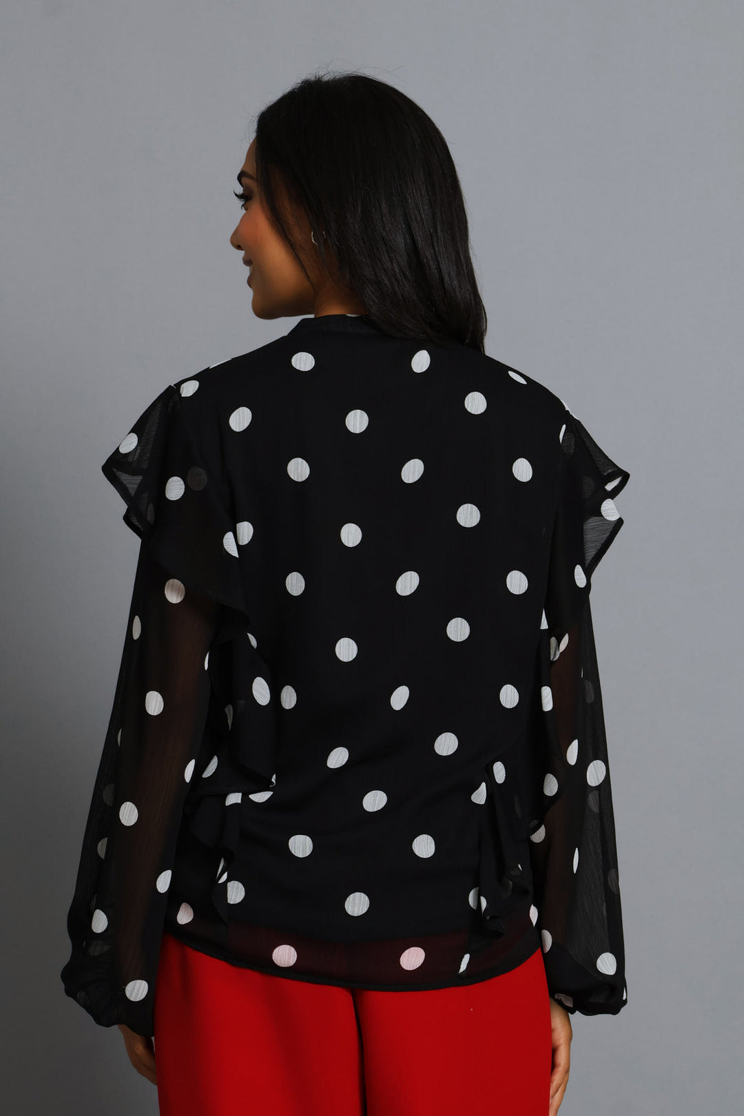 Ruffle Button Through Spot Blouse - Black/Cream