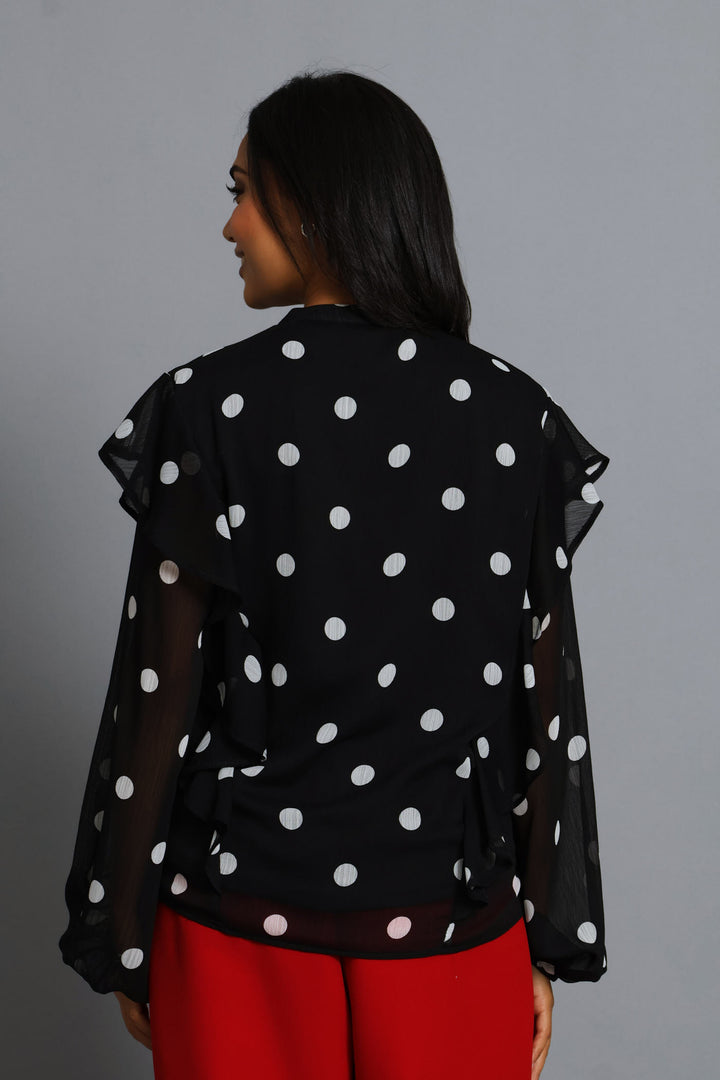 Ruffle Button Through Spot Blouse - Black/Cream