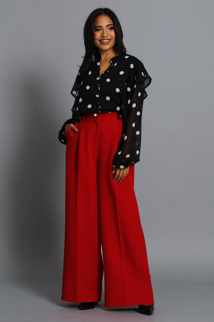 Fancy Button Pleat Wide Leg Pant - Red