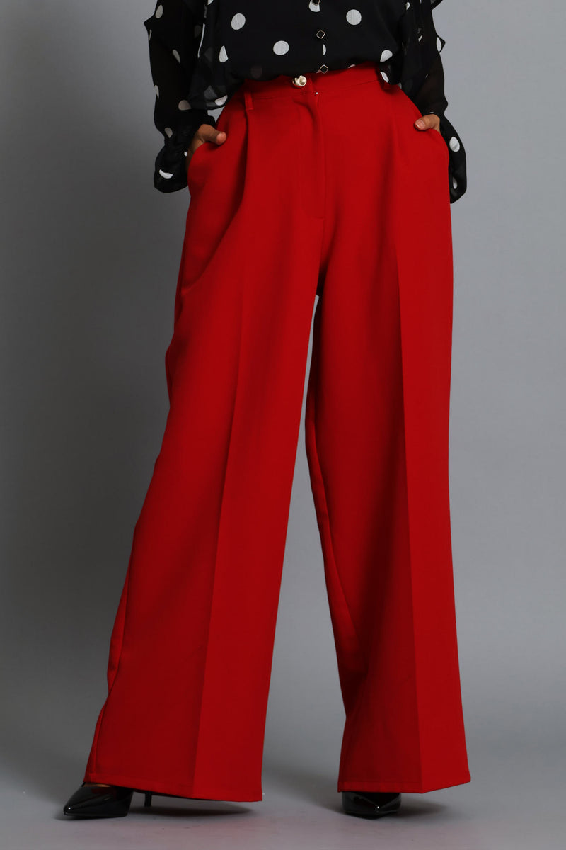Fancy Button Pleat Wide Leg Pant - Red