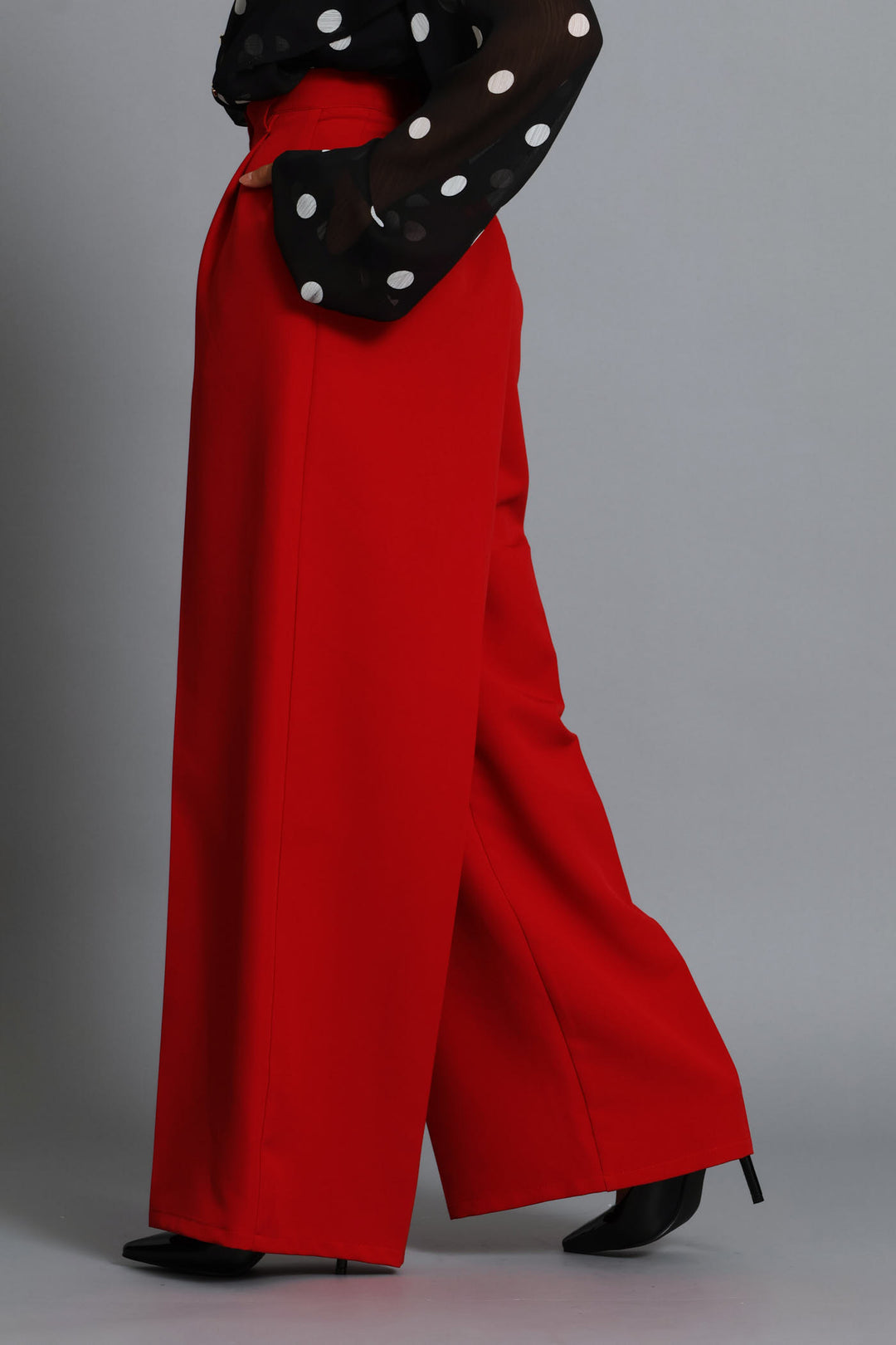 Fancy Button Pleat Wide Leg Pant - Red
