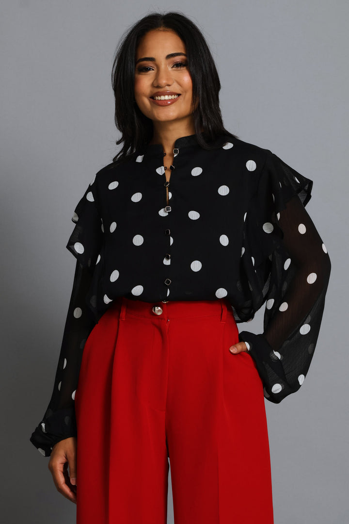 Ruffle Button Through Spot Blouse - Black/Cream