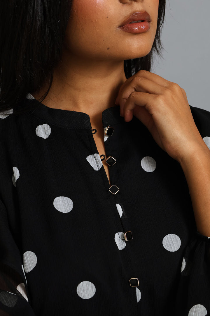 Ruffle Button Through Spot Blouse - Black/Cream