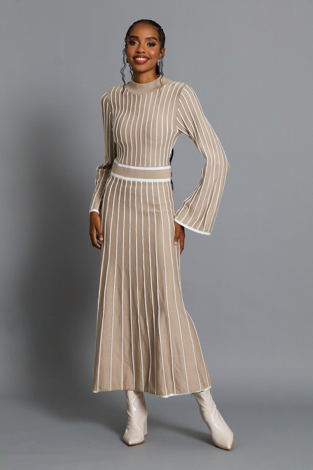 Hi-Neck Constrast Knitwear Maxi Dress - Latte