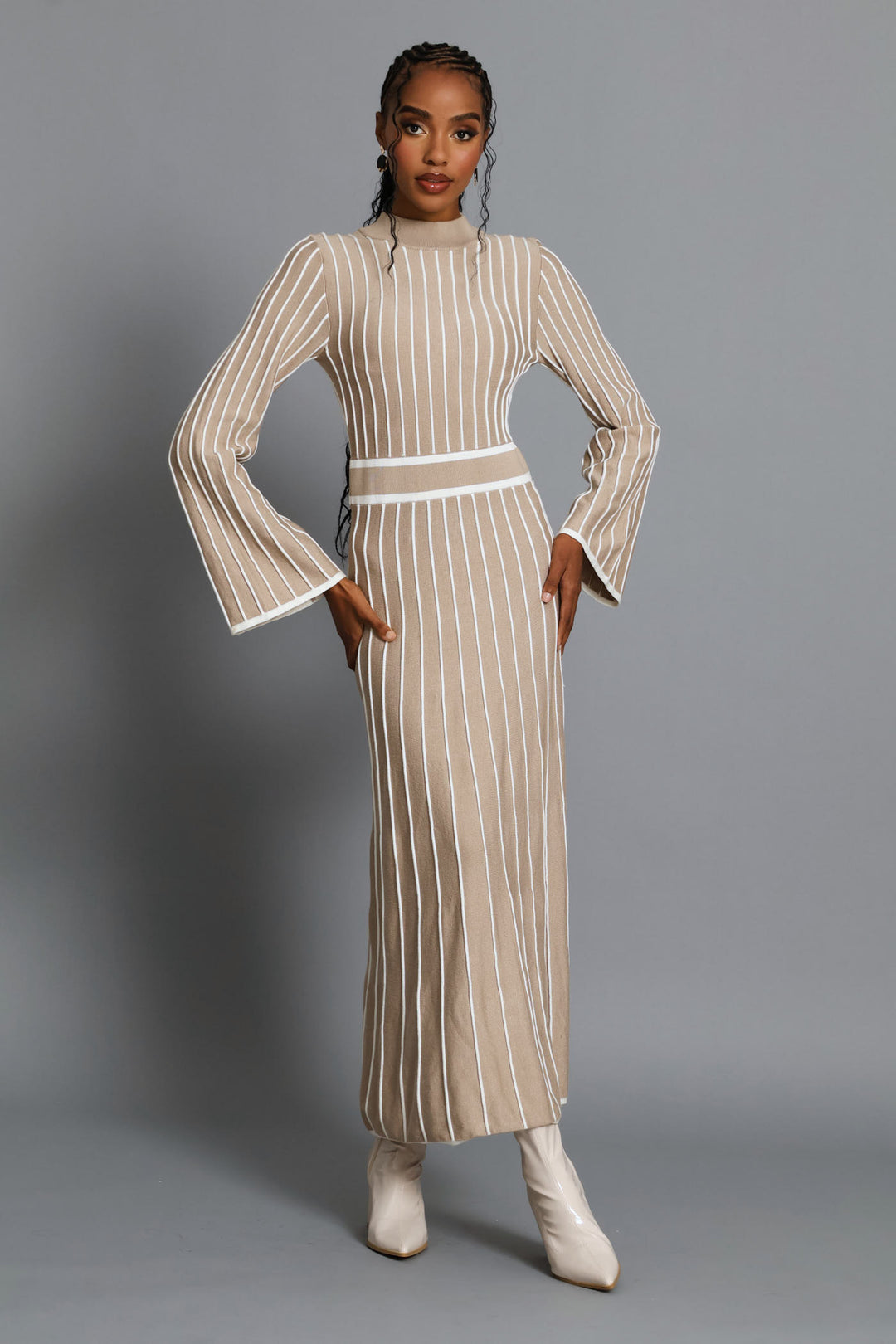 Hi-Neck Constrast Knitwear Maxi Dress - Latte