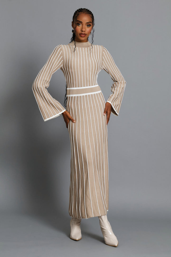 Hi-Neck Constrast Knitwear Maxi Dress - Latte