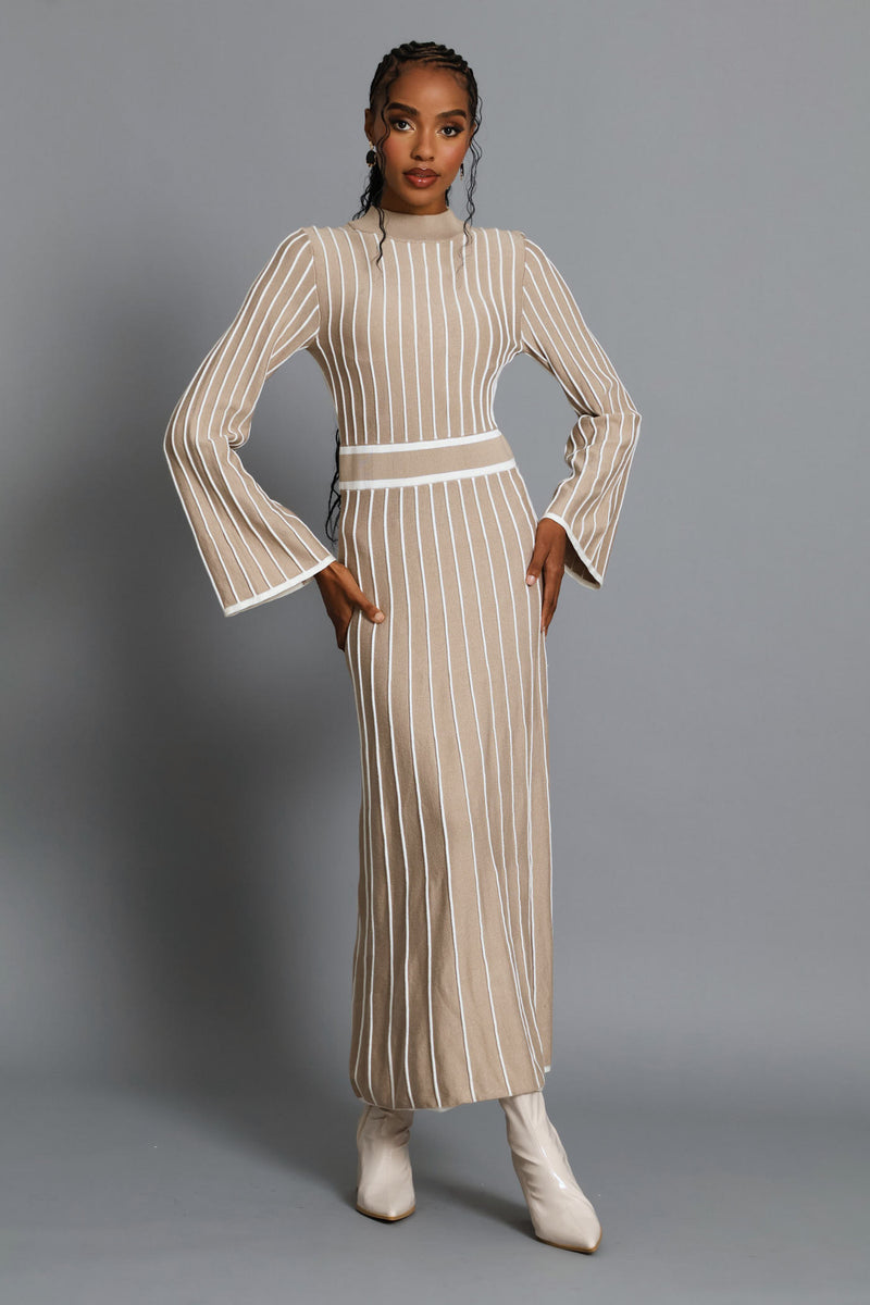Hi-Neck Constrast Knitwear Maxi Dress - Latte