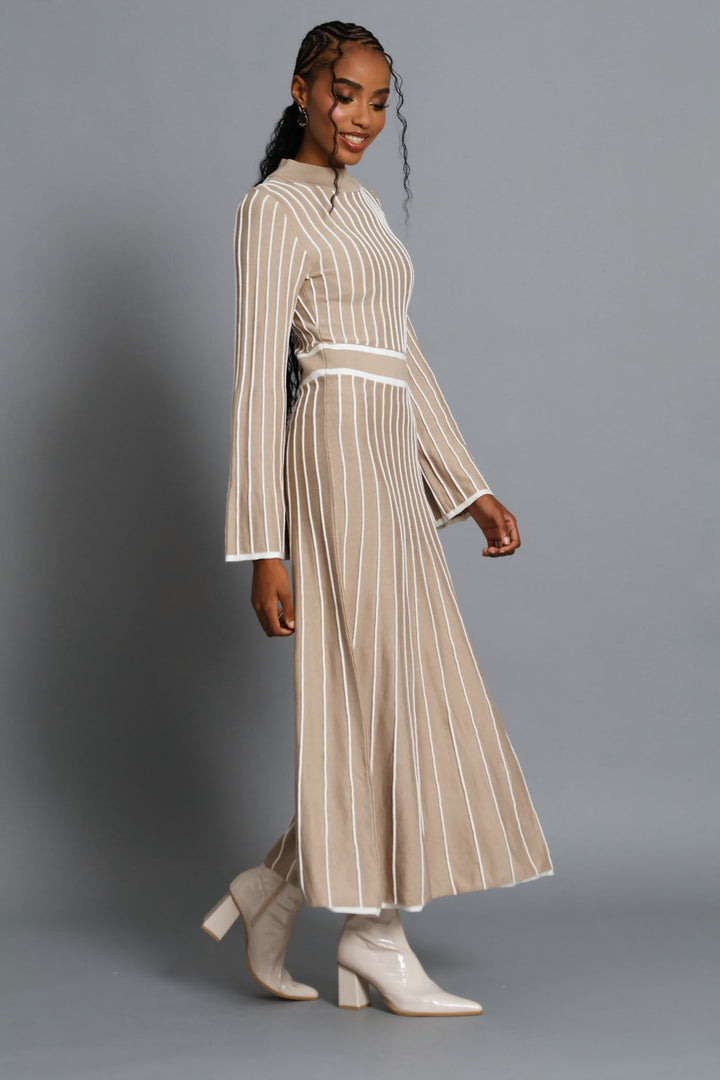 Hi-Neck Constrast Knitwear Maxi Dress - Latte