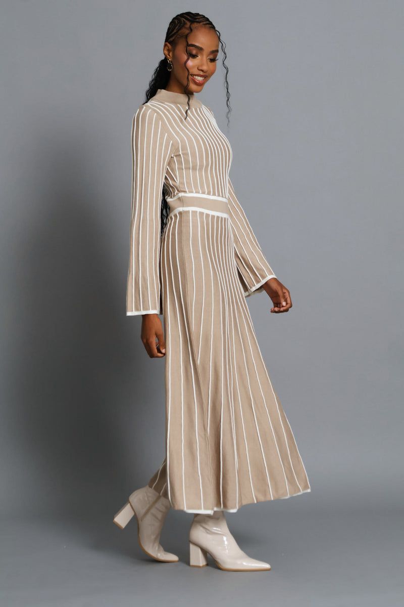 Hi-Neck Constrast Knitwear Maxi Dress - Latte