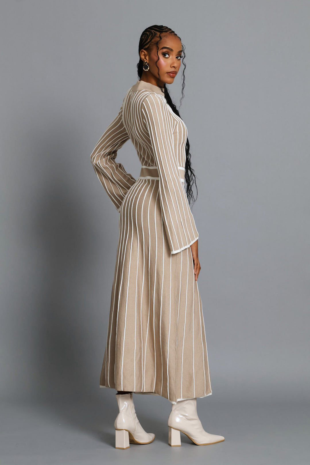 Hi-Neck Constrast Knitwear Maxi Dress - Latte