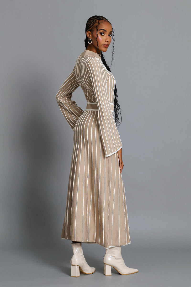 Hi-Neck Constrast Knitwear Maxi Dress - Latte