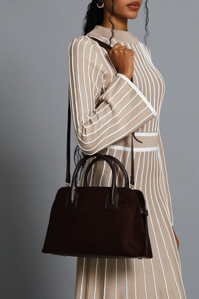 Mock Suede Barrel Bag - Chocolate