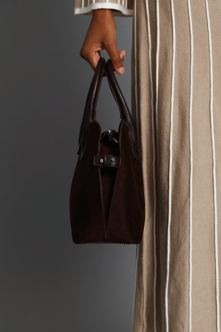Mock Suede Barrel Bag - Chocolate