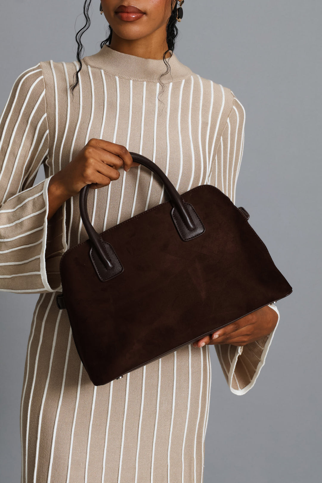Mock Suede Barrel Bag - Chocolate