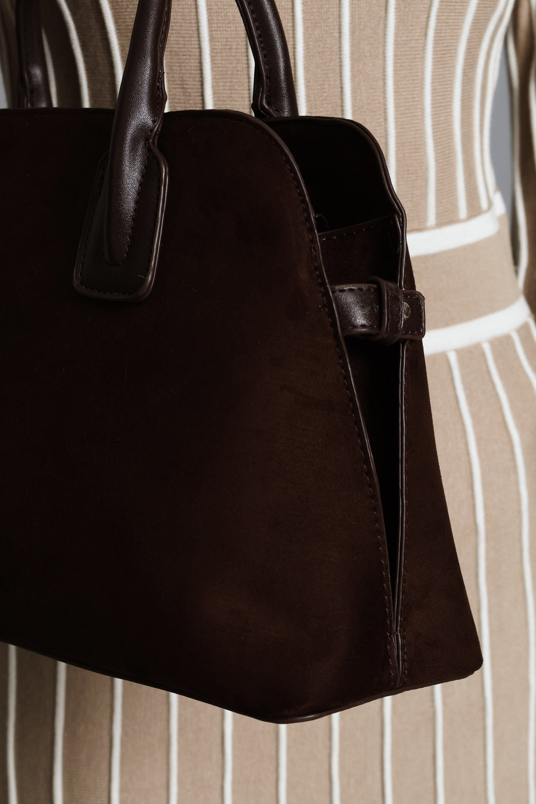 Mock Suede Barrel Bag - Chocolate