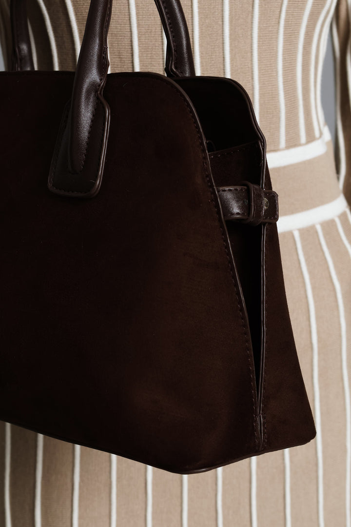 Mock Suede Barrel Bag - Chocolate