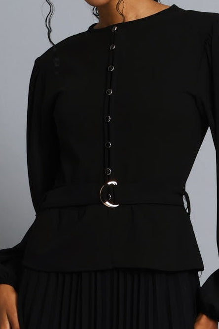 Belted Pleated Combo Maxi Dress - Black