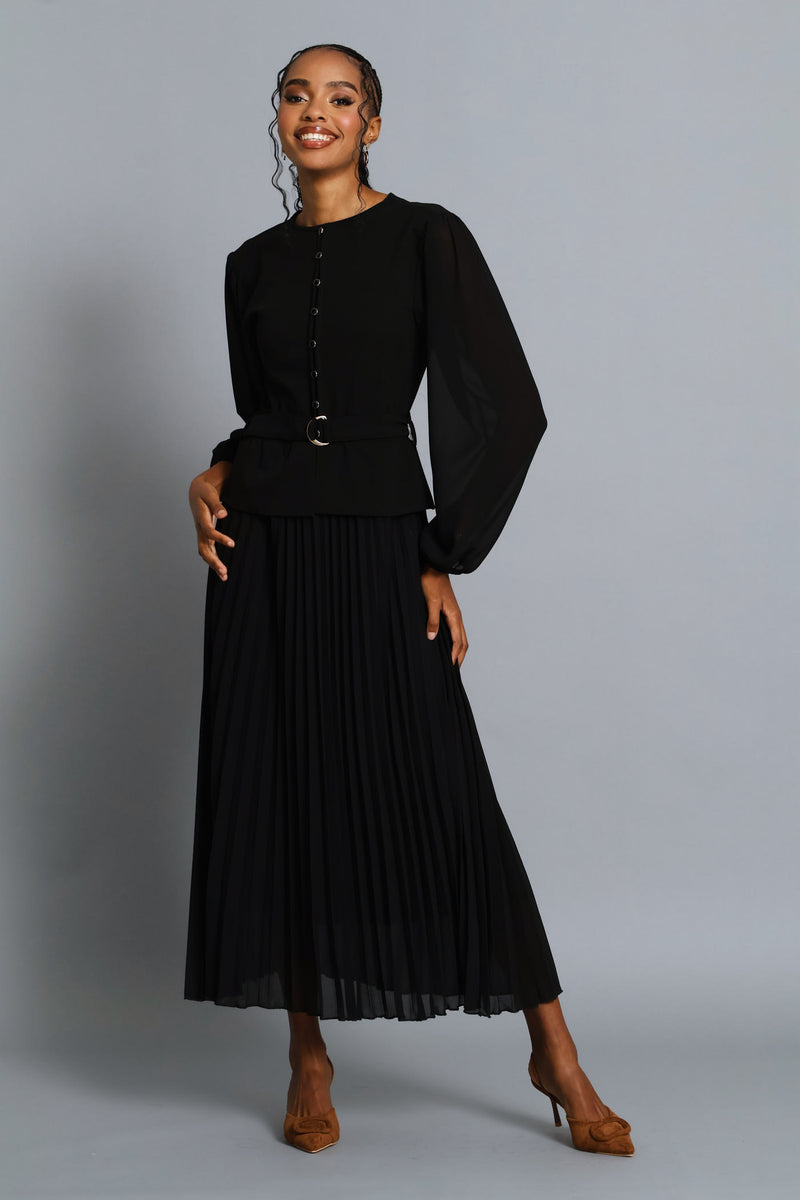 Belted Pleated Combo Maxi Dress - Black
