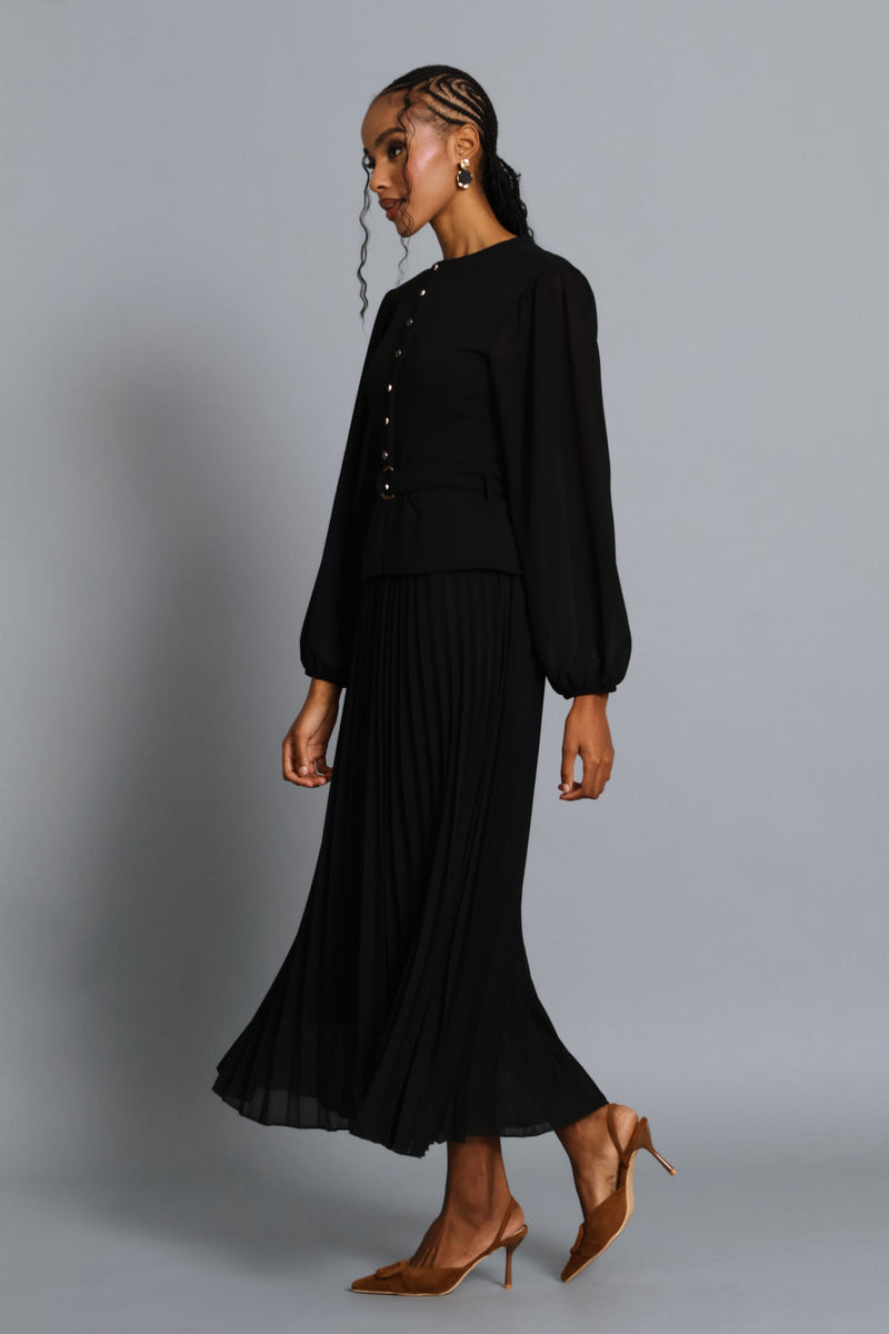 Belted Pleated Combo Maxi Dress - Black