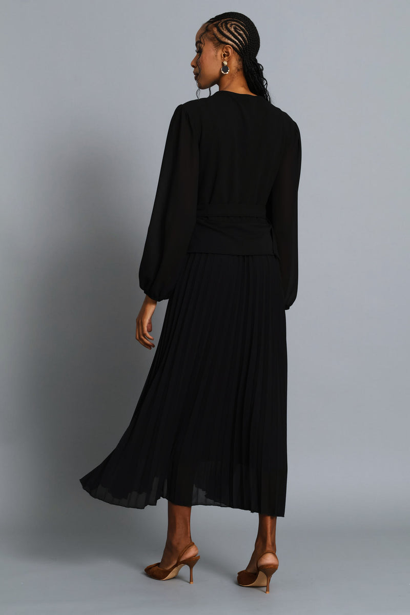 Belted Pleated Combo Maxi Dress - Black