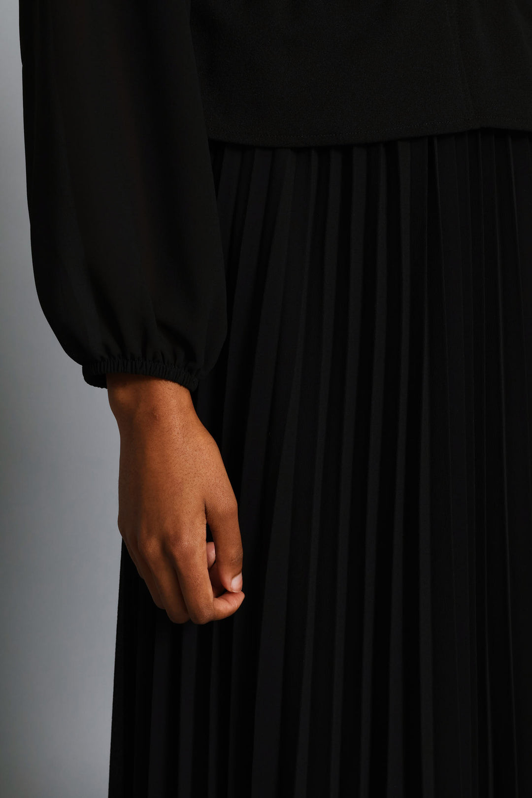 Belted Pleated Combo Maxi Dress - Black