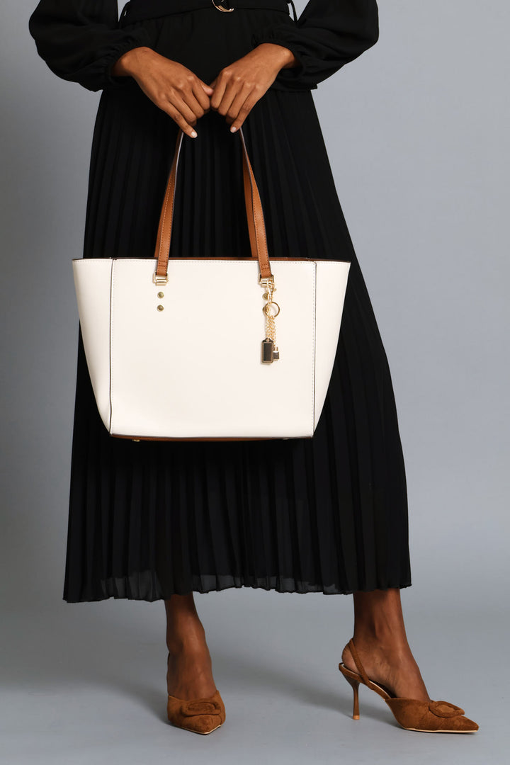 Colour Block Shopper With Charm - Cream