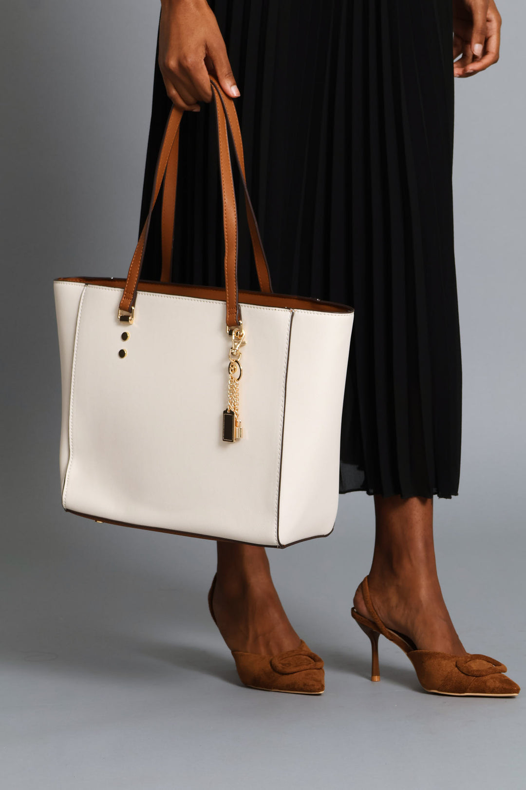 Colour Block Shopper With Charm - Cream