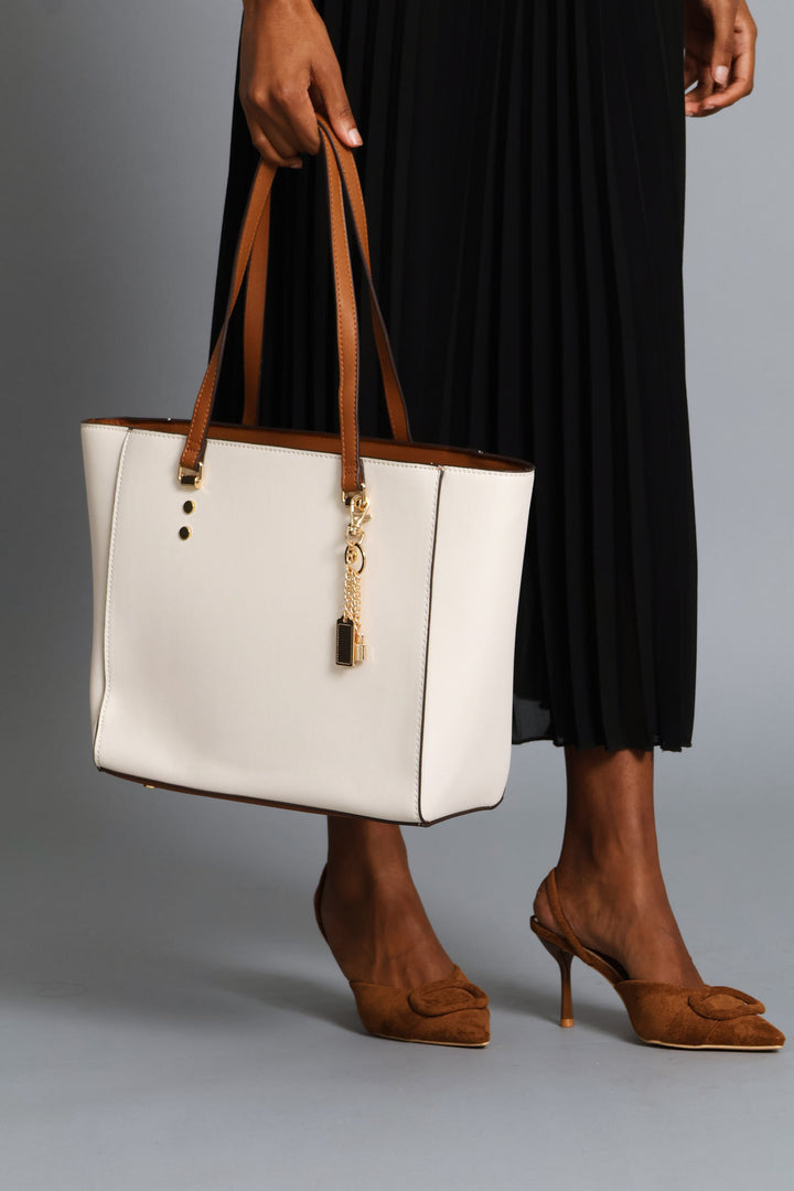 Colour Block Shopper With Charm - Cream