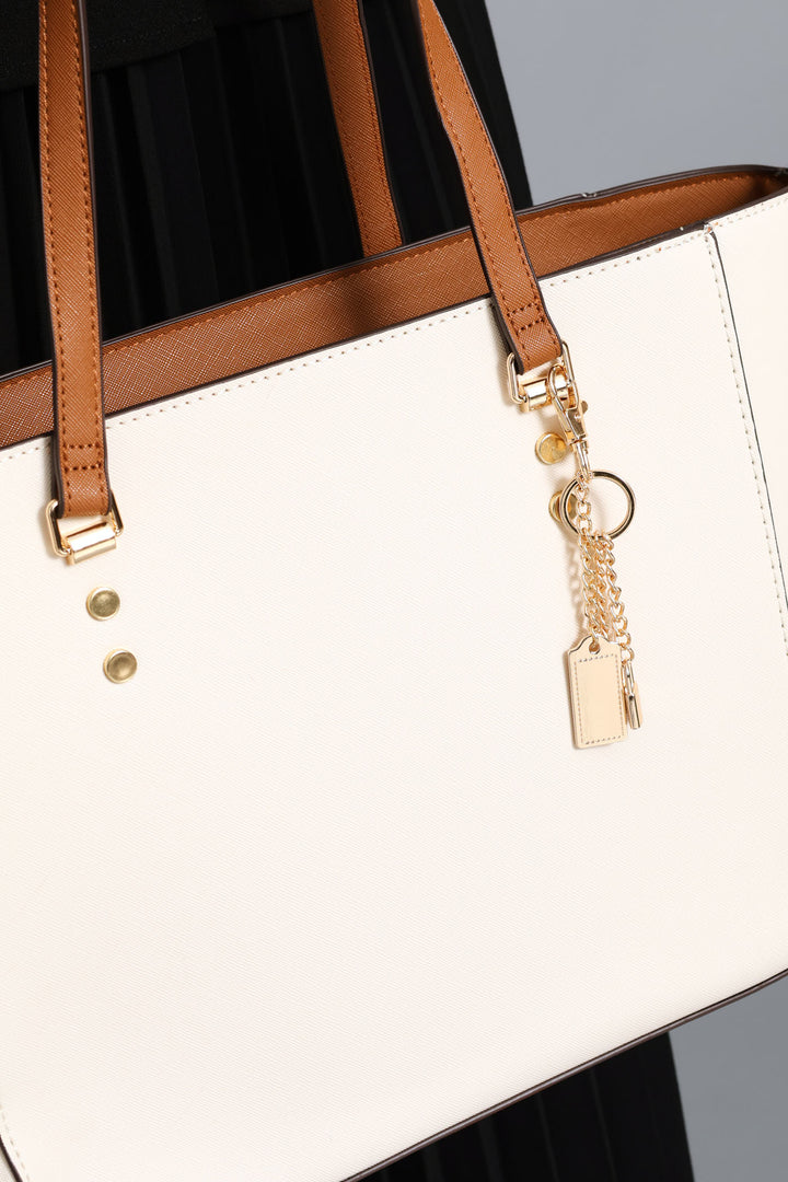 Colour Block Shopper With Charm - Cream