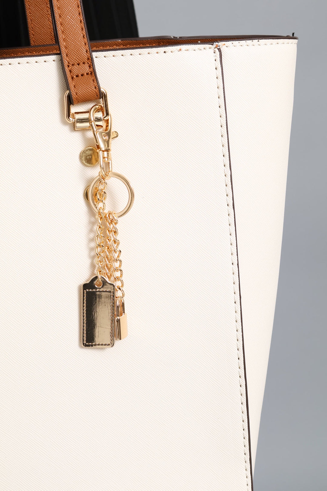 Colour Block Shopper With Charm - Cream