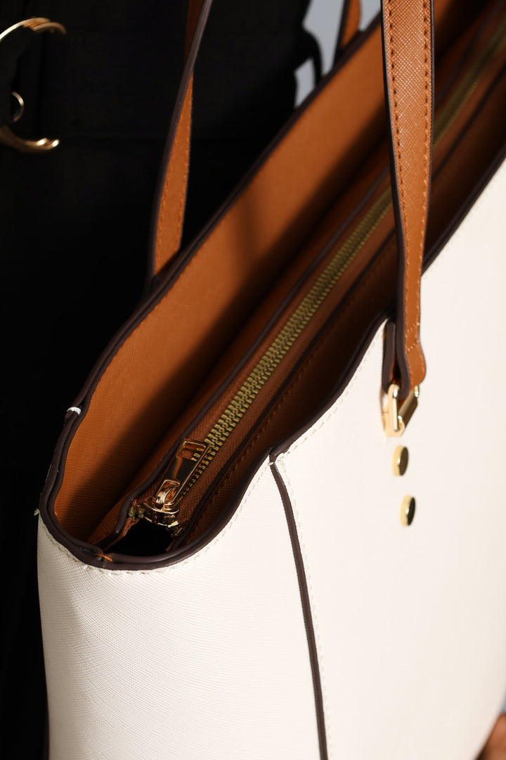 Colour Block Shopper With Charm - Cream
