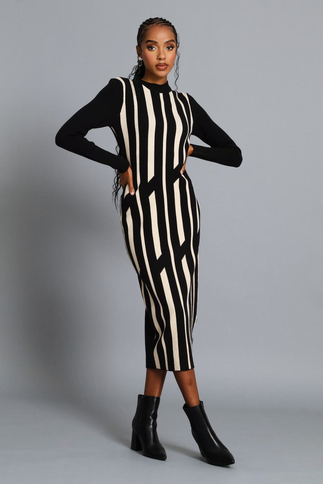 Abstract Knitwear Midi Dress - Beige/Black