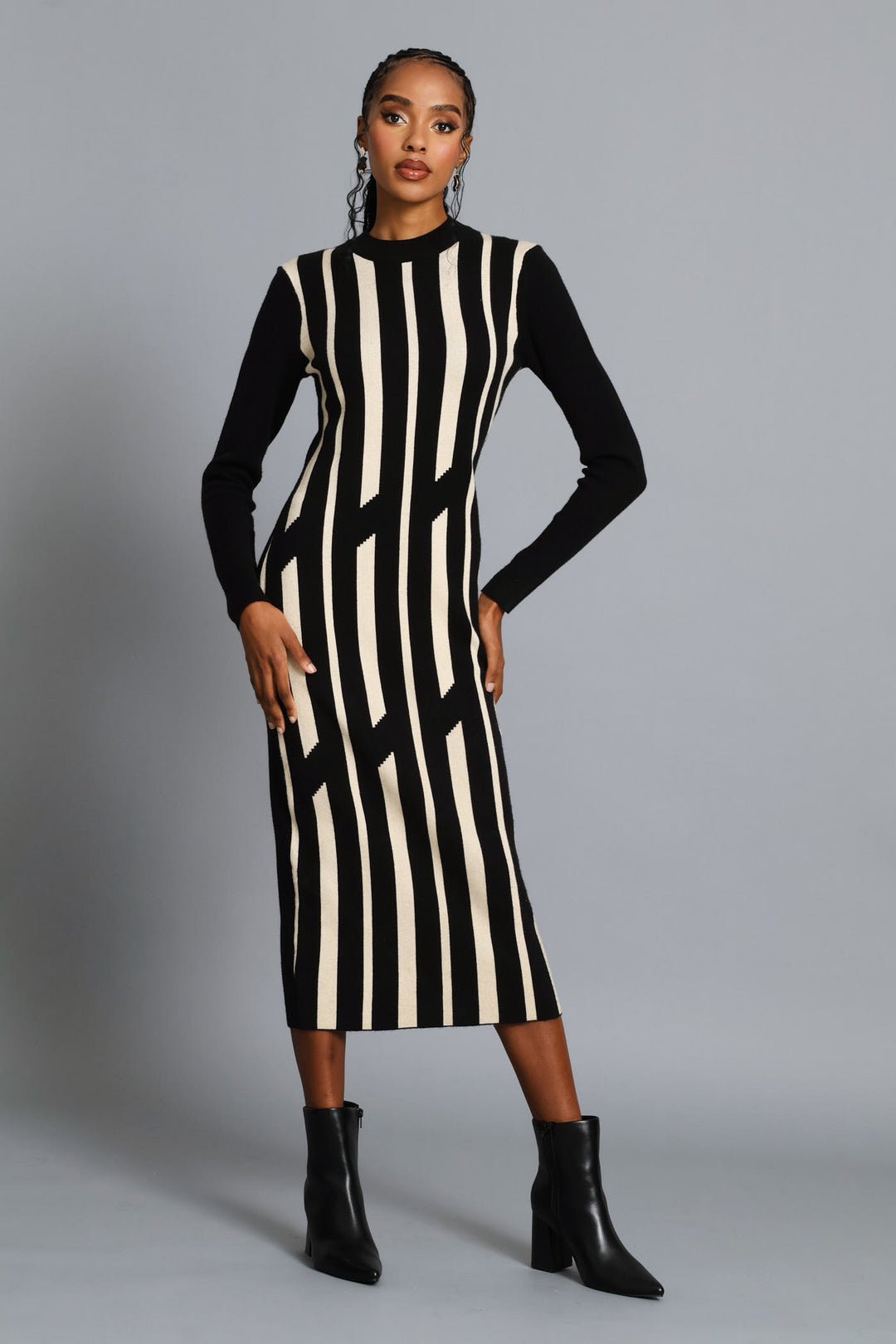Abstract Knitwear Midi Dress - Beige/Black